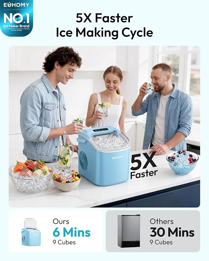 EUHOMY Countertop Ice Maker Machine with Handle, 26lbs Per Day, 9 Ice Cubes Ready in 6 Mins, Auto-Cleaning Portable Ice Maker with Basket and Scoop, for Home/Kitchen/Camping/RV (Blue)
