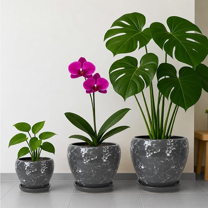 Deep Dream 6 Inch Plant Pots- Ceramic Planter Pot with Drainage Hole and Saucer, Round Flower Pot for Indoor Outdoor Succulent, Snake Plants and Cactus, Gemstone Gray