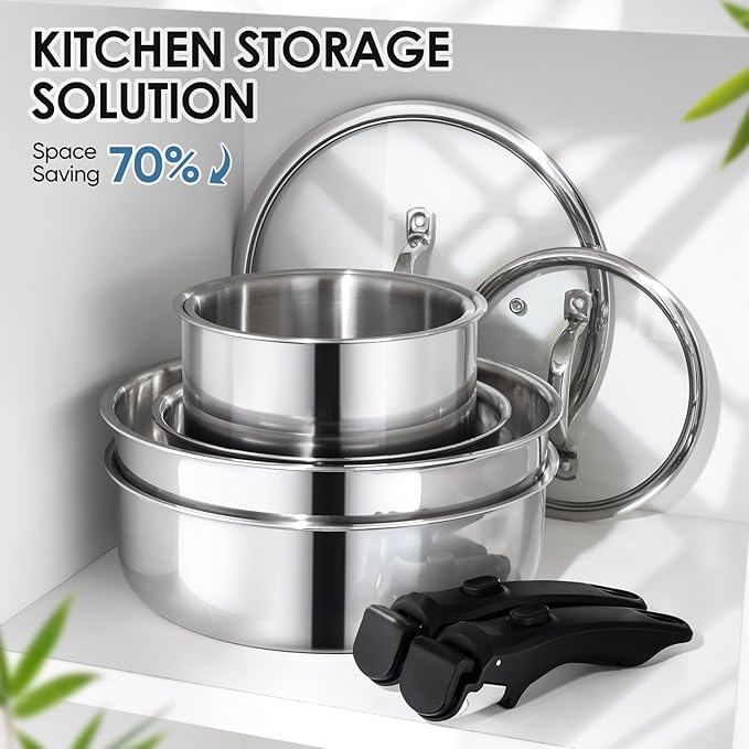 Walchoice 13pcs Stainless Steel Cookware Set, Tri-Ply Pots and Pans Set with Detachable Handles, Cooking Set for RV, Camping, Kitchen, All Stoves Compatible & Dishwasher Safe