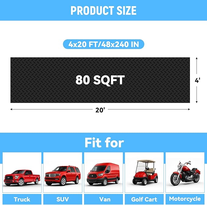4x20 FT Garage Floor Mat, 2.8mm Thickened PVC Flooring Roll for Under Car, Golf Cart Parking Mat, Diamond Plate Black Motorcycle Mat for Warehouse, Basement, Gyms, Trailer（Included Tapes）