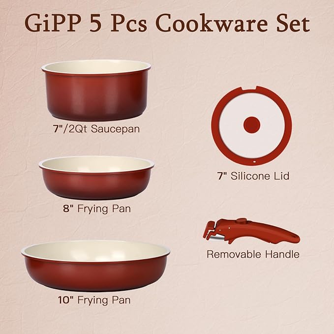 GiPP 5PCS Pots and Pans Set Non Stick, Nonstick Cookware Set Detachable Handle, Ceramic Pots for Cooking Non Stick with Removable Handle, RV Cookware Set for All Stoves, Red Black Gradien