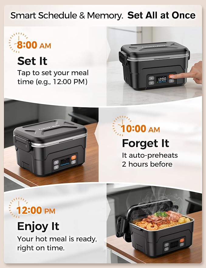 EAST OAK XL 6.3-Cup/1.5L Cordless Electric Lunch Box for adults, Heated Lunch Box Food Heater 220°F Stainless Steel Container for Work Outdoor, Black