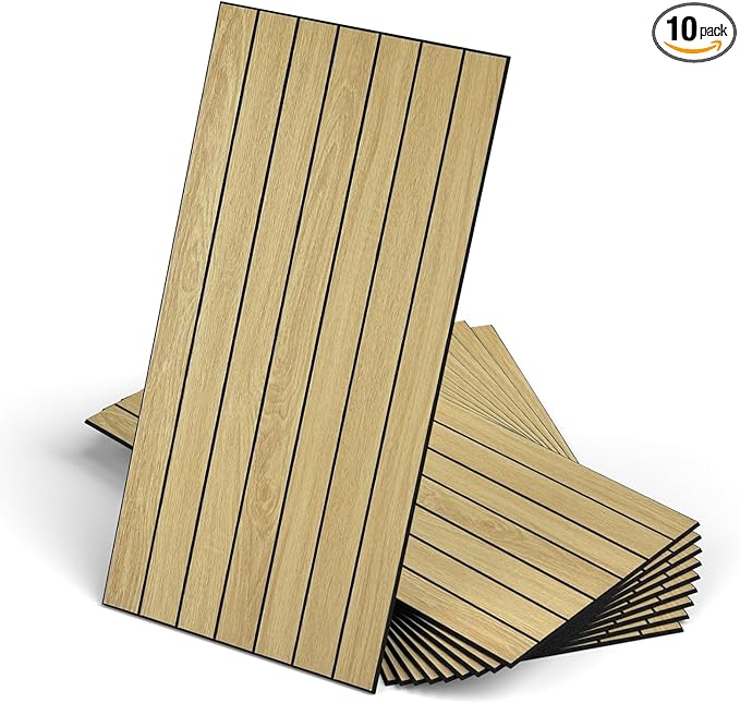 WADILE Peel and Stick Wood Slat Wall Panels 12"x24" Decorative PVC Wooden Panel Soundproof Self-Adhesive for Living Room Bedroom Accent Wall (Not Real Wood)– 10 Pack