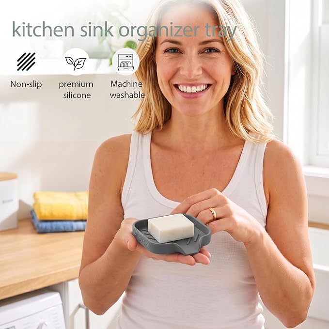 MicoYang Silicone Soap Dish with Drain Spout, Self-Draining Sink Organizer Tray for Bathroom and Kitchen, Sponges, Dispensers and Soap Holder, Non-Slip and Dishwasher Safe, Grey (Compact, 4.9"×3.2")
