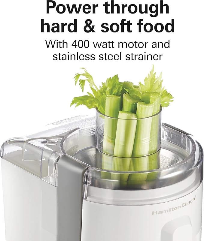 Hamilton Beach HealthSmart Juicer Machine, Compact Centrifugal Extractor, 2.4” Feed Chute for Fruits and Vegetables, Easy to Clean, BPA Free, 400W, White (67501)