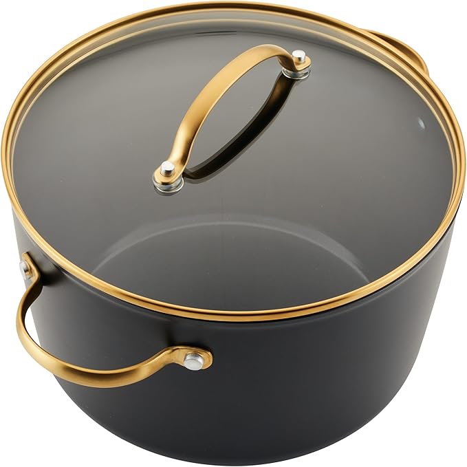 Farberware Forged Induction Ceramic Nonstick Pots and Pans Set with Lids and Kitchen Cooking Tools - Dishwasher Safe, Suitable for All Stovetops, 12 Piece Cookware Set - Black and Gold