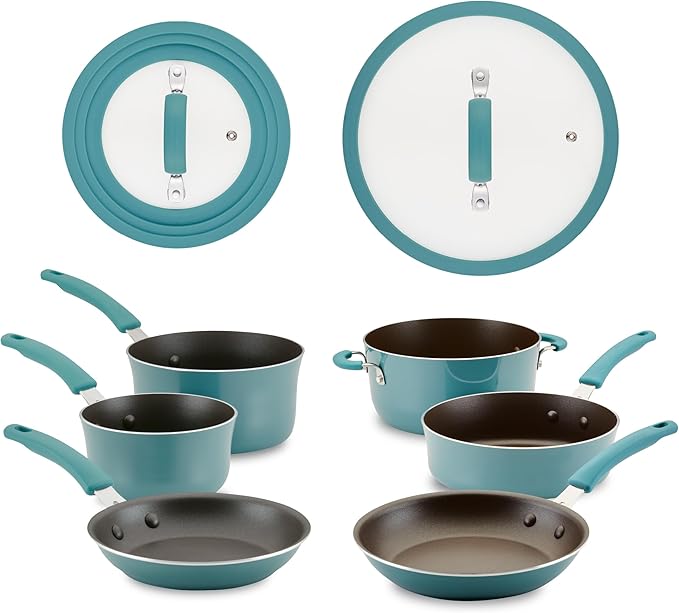 Rachael Ray Cook + Create Nonstick Cookware/Pots and Pan Set, 10 Piece, Agave Blue