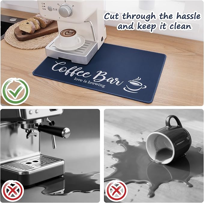 SHACOS Coffee Mat 2 Pack 12x19 Inch Absorbent Non Slip Rubber Bar Accessories Coffee Maker Mat for Countertop Dish Drying Mat Heat Resistant, Dark Blue
