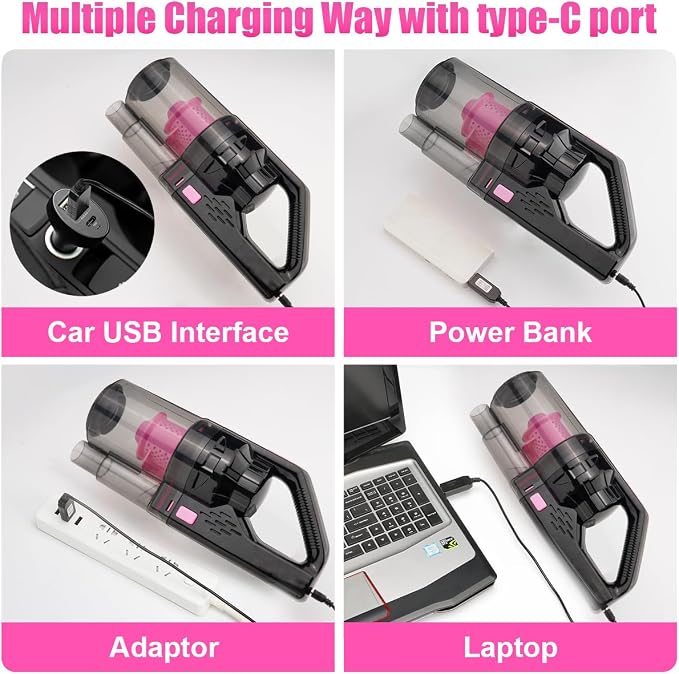 Viewsun Car Vacuum Cordless Rechargeable, 8000PA High Power Handheld Vacuum Cleaner with 17PCS Car Cleaning Kit, Pink Auto Accessories for Women Gift