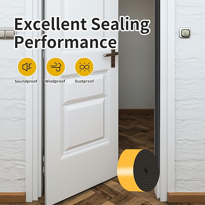 Weather Stripping Door Seal,Weather Stripping,Soundproof,Cold Insulation,High Density CR Foam Insulation Tape for Door, Front Door Frame, Windows,Sliding Door (Black, 4 in x 1/4 in x 10Ft)