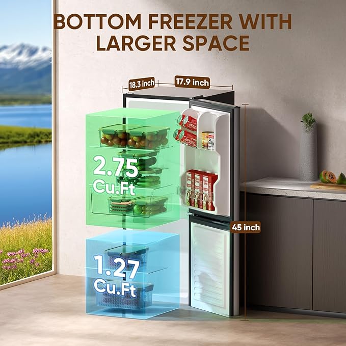Upstreman 4.0 Cu.Ft Mini fridge with Bottom Freezer, Double Door, Low Noise Large Capacity Fridge, for Bedroom, Apartment, Kitchen, BM40 (Stainless)