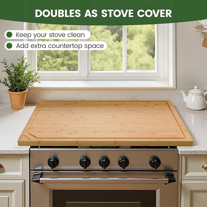 Kikcoin 30”×20” Bamboo Cutting Boards for Kitchen, Heavy Duty Wooden Cutting Boards, Healthy Extra Large Chopping Boards with Deep Juice Groove and Handle, Oversized Stove Top Cover, Natural