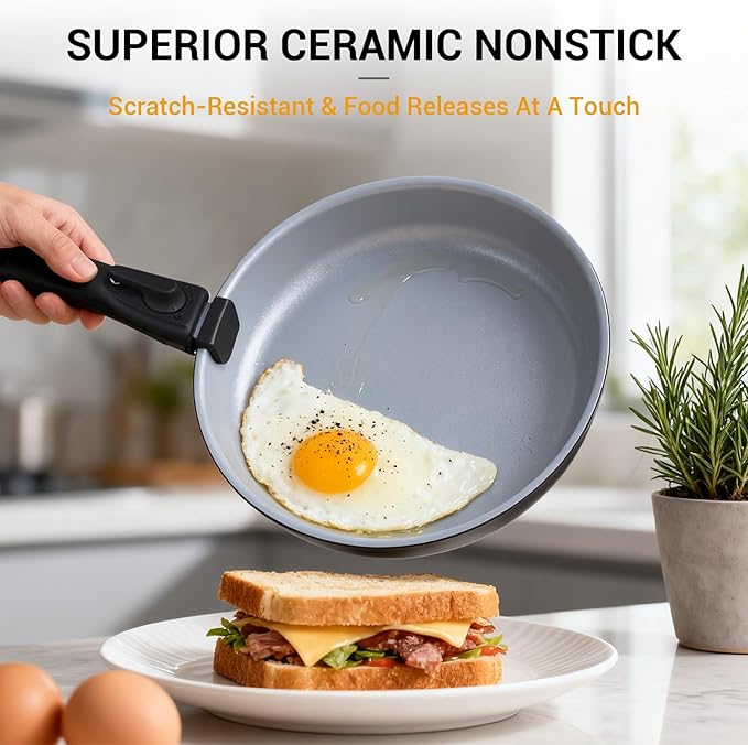 Ammeloo 18-Piece Ceramic Pots and Pans Set Non Stick, Non Toxic Cookware Set with Removable Handles, Pot Sets for Cooking, Induction Ready, Dishwasher & Oven Safe, PFAS PFOA & PTFE Free (Black)