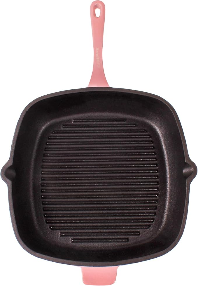 BergHOFF 3Pc Neo Enameled Cast Iron Cookware Set, 3qt. Dutch Oven, Matching Lid, Square Grill Pan 11 Inches, Oven Safe Up To 400°F, Pink