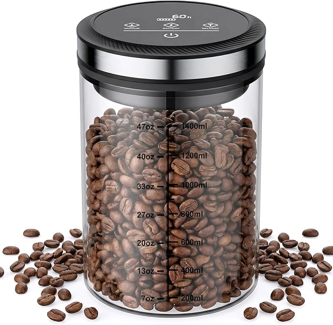 GVODE 1.6L Vacuum Coffee Canister with Time Display, Airtight Coffee Canister for Coffee Beans, Ground Coffee, Spices, 4500 Hours Life, High Borosilicate Glass, Home Kitchen Food Storage Organizers