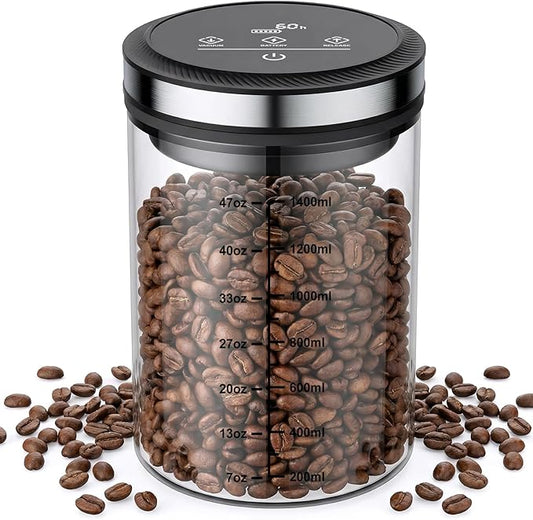 GVODE 1.6L Vacuum Coffee Canister with Time Display, Airtight Coffee Canister for Coffee Beans, Ground Coffee, Spices, 4500 Hours Life, High Borosilicate Glass, Home Kitchen Food Storage Organizers