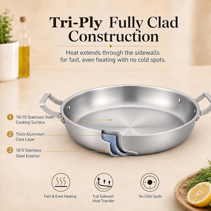 DELARLO Paella Pan 14 Inch Tri-Ply Stainless Steel Paella Pan with Lid, Jumbo Frying Pan, kitchen Induction Large Skillets,Great for Paella Parties Indoors Outdoors,Heavy Duty Style