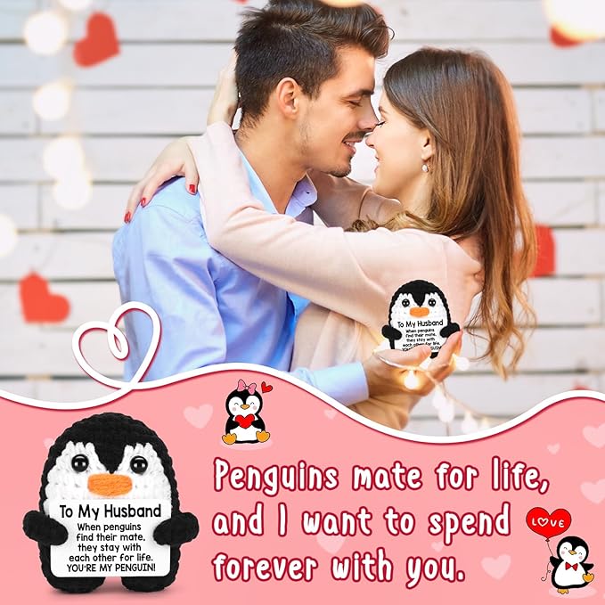 Gifts for Husband from Wife Birthday Fathers Day, To My Husband Handmade Crochet Mini Penguin Wedding Anniversary Birthday Gifts for Men Him Husband, Romantic I Love You Gift for Him Cute Decor