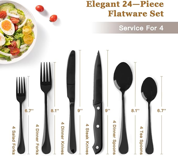 Astercook 24-Piece Black Silverware Set with Steak Knives Flatware Set for 4 Food-Grade Stainless Steel Cutlery Set Mirror Polished Utensils Set Include Spoons and Forks for Home Gifts for Women
