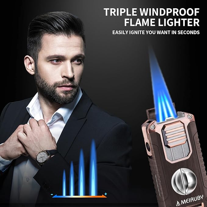 Stocking Stuffers Gifts for Men, 5-in-1 Butane Torch Lighter, Refillable Jet Flame Lighter with V-Cutter, Punch, Holder and Draw Tool, Multi-Functional Accessories Gift for Men, Dad, Husband, Friend