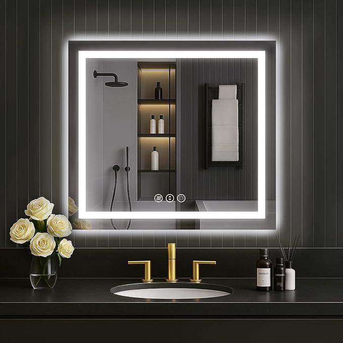 LOAAO 30"X30" LED Bathroom Mirror with Lights, Anti-Fog, Dimmable, Backlit + Front Lit, Lighted Bathroom Vanity Mirror for Wall, Memory Function, Tempered Glass, Safe to Use, ETL Listed