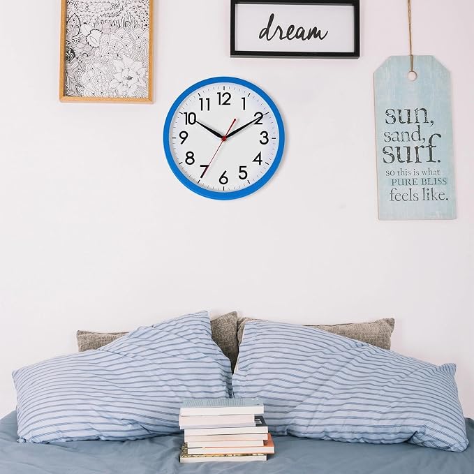 AKCISOT 12 Inch Wall Clock, Battery Operated Analog Clock, Silent Non-Ticking, Ideal for Bedroom, Bathroom, Kitchen, Office and School, Blue