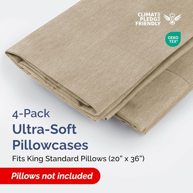 King Standard Pillow Cases Set of 4 - Soft Hotel Quality Pillowcase Covers - Comfy Bedding for Women, Men, Kids & Teens - Machine Washable Pillow Protectors - 4 Piece - King Standard Heathered Beige