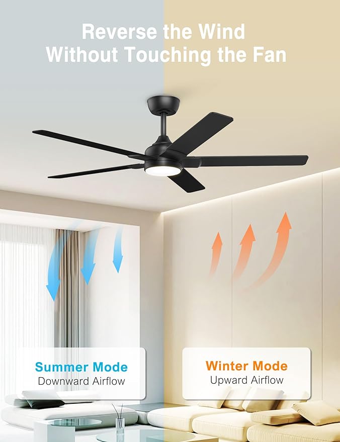 DAMINY 52 inch Black Ceiling Fans with Lights,5 Blades,6CCT, Low Profile,Remote Control,for Bedroom, Kitchen,Living Room,Indoor/Outdoor Use,Downrod