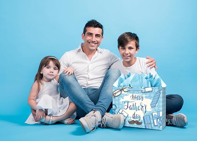 Jaywayang 15.7" Extra Large Happy Father's Day Gift Bag with Card and Tissue Paper (Blue Diamond Grid)