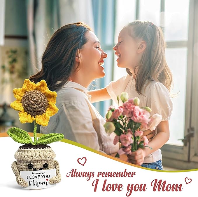 Mini Birthday Gifts for Mom, Mom Gifts from Daughters Remember I Love You MOM, Handmade Crochet Cute Small Sunflower Gifts, Gift for Mom from Daughter, Son, Mothers Day for Mom