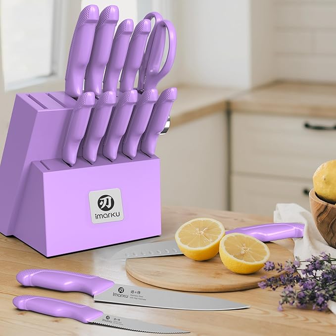 imarku 14-Piece Knife Set with Block, High Carbon Stainless Steel Kitchen Knives with Built-in Sharpener, Ergonomic Non-Slip Handle, Perfect for Home Cooks & Chefs, Purple