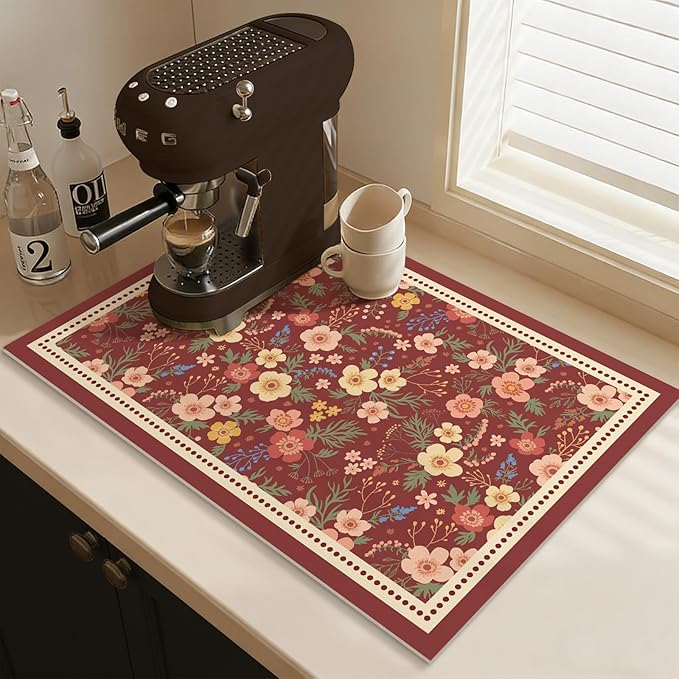 Vintage Floral Coffee Maker Mat, Non-slip Quick Dry Pad for Kitchen Countertop Pet Feeding Area (Vintage Parterre,Red)