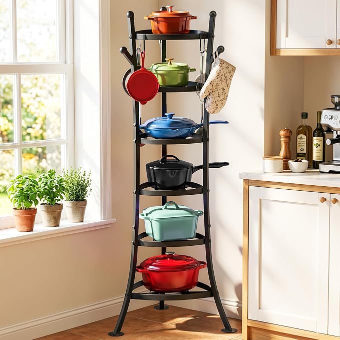 Housolution 6 Tier Pot and Pan Organizer Rack Cookware Storage Tower | 264Lbs Large Capacity, Sturdy Carbon Steel, Reinforced Curved Support Design, Freestanding & Space-Saving