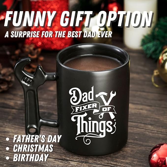 Onebttl Dad Gifts Coffee Mug with Wrench Spanner Handle, Gifts for Dad from Daughter and Son, 13.5oz Funny Ceramic Mug for Father on Birthday, Father's Day, Christmas - Fixer of Things