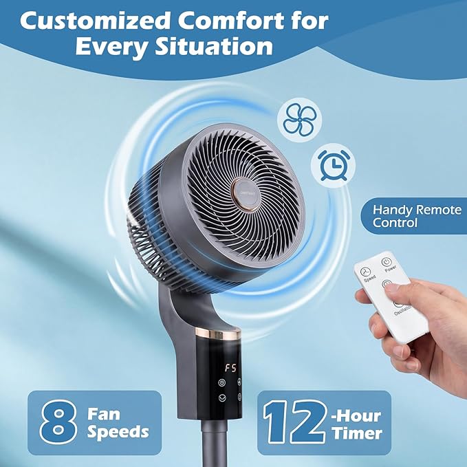 COSTWAY Pedestal Fan for Bedroom, Compact Oscillating Standing Fan with 70° Oscillation, 90° Tilt, 3 Adjustable Heights, 8 Speeds, 12H Timer & Remote, Quiet Table Fan for Home Office (Gray)