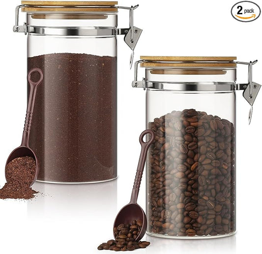 VZZNN 2 Pack 40.5oz Coffee Bean Storage Container with Airtight Bamboo Lids Glass Airtight Coffee Canister with Scoop Storage Container for Grounds Tea Cereal Sugar