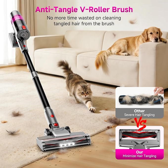 Cordless Vacuum Cleaner:Portable 6-in-1 Stick Vacuum with Anti-Tangle Brush | LED Headlight, Self-Standing, HD Display, Rechargeable Vacuum for Pet Hair, Low-Pile Carpet and Hardwood Floor-Purple