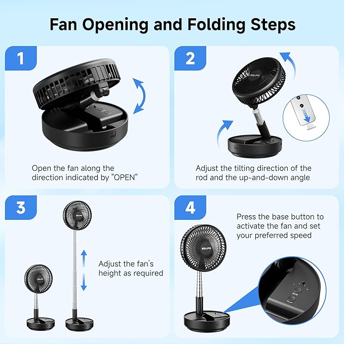 Belife X8 Portable Fan, 7200mAh Battery Powered Rechargeable, Oscillating USB Desk Floor Fan with Remote, Foldable Telescopic Fan for Home Bedroom Sleeping Office Camping Travel, 7.7" (Black)