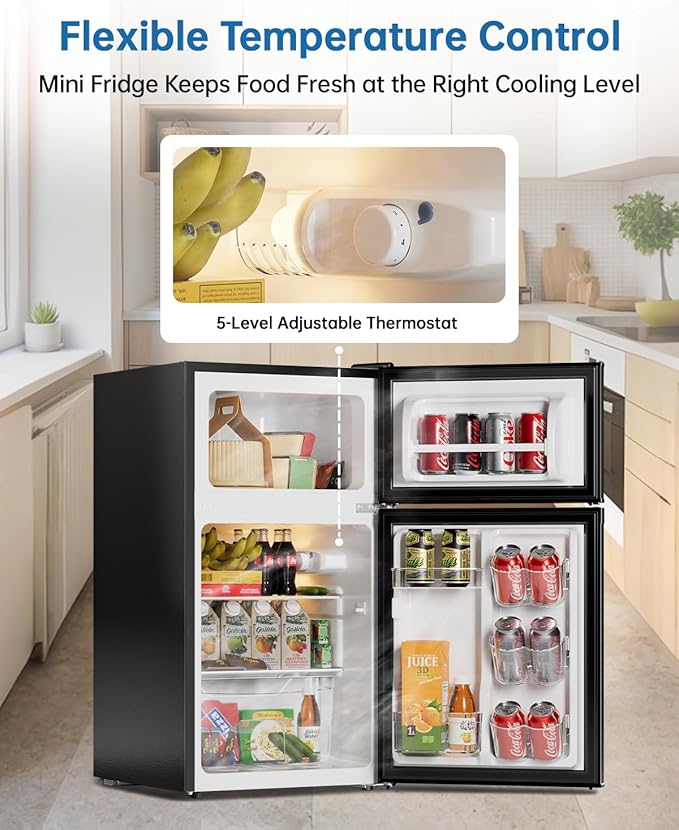 3.2 Cu Ft Mini Fridge with Freezer - Energy Efficient, Double Door Upright Freezer for Bedroom, Office & Dorm,restaurants | Small Fridge, Glass Shelves,Interior Light,ETL Certified,etc