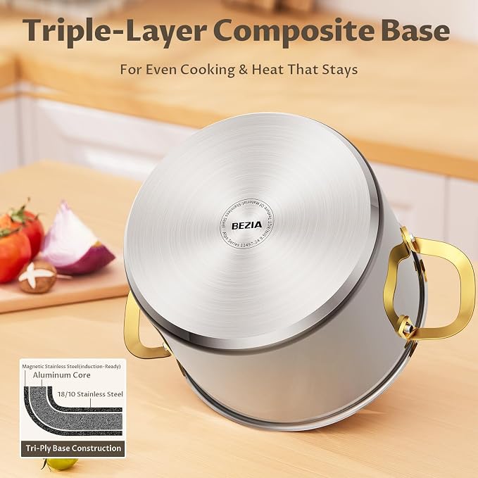 BEZIA 8 QT Stainless Steel Stock Pot with Lid, Uncoated Cooking Pot | Tri-ply Base for Even Heat, Works on All Stoves, Oven & Dishwasher Safe, for Whole Chicken & Bone Broth, Blanching & Boiling