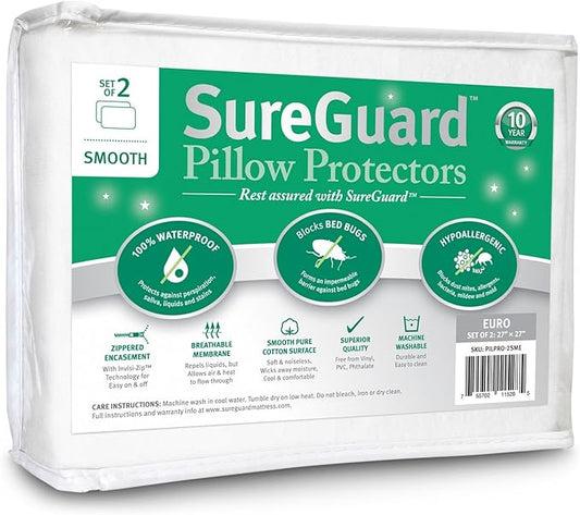 Set of 2 Euro Size SureGuard Pillow Protectors - 100% Waterproof, Bed Bug Proof, Hypoallergenic - Premium Zippered Cotton Covers - Smooth