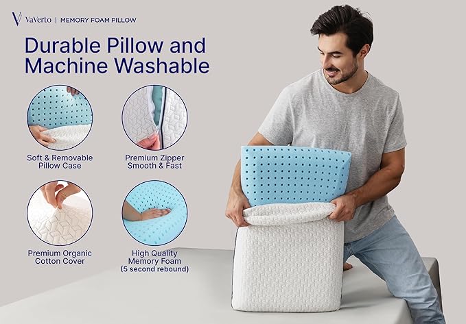 Cooling Gel Memory Foam Pillows - 1-Pack - Standard Size Memory Foam Pillow For Sleeping - Firm Pillow - Back, Stomach & Side Sleeper - Shoulder & Back Pain Relief - Washable, Bamboo Viscose Cover