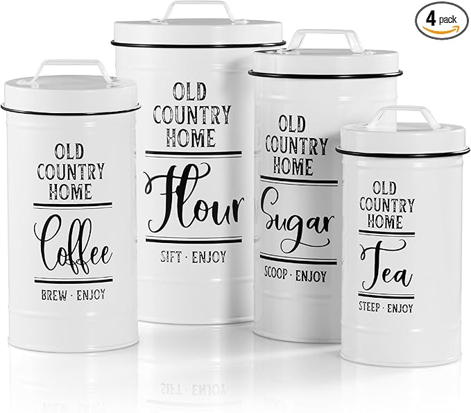 Bivvclaz Canisters Sets for the Kitchen, Airtight Kitchen Canisters for Countertop, Flour and Sugar Containers, Tea Coffee Sugar Canister Set, Coffee Bar Decor and Accessories, Set of 4, White
