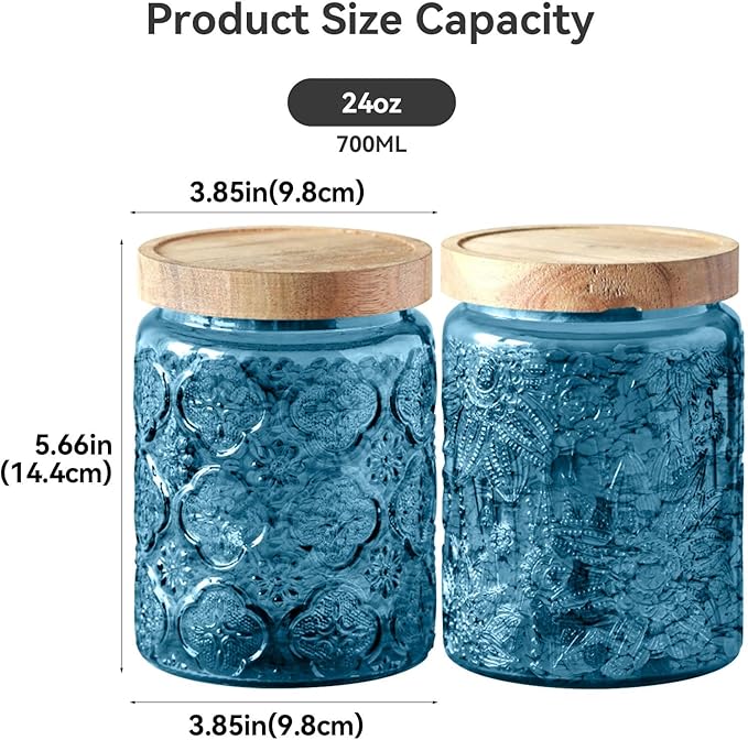 Glass Jar with Lid, Vintage Glass Storage Jars with Airtight Lid Coffee Canister Sugar Container for Kitchen Counter Pantry, Spice, Candy, Coffee Beans, Tea, Cookie (24 FL OZ Blue Sunflower)