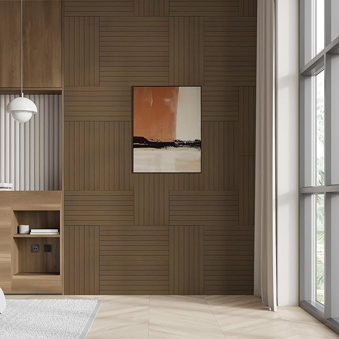 WADILE Peel and Stick Wood Slat Wall Panels 12"x24" Decorative PVC Wooden Panel Soundproof Self-Adhesive for Living Room Bedroom Accent Wall (Not Real Wood)– 20 Pack