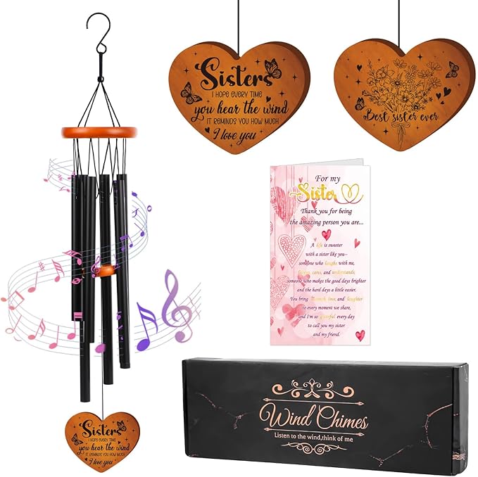 Sister Gifts Wind Chimes for Outside - Metal Windchime with Wooden Heart Pendant, Greeting Card & Black Gift Box - Birthday for Sister from Sister, Garden Patio Hanging Decor