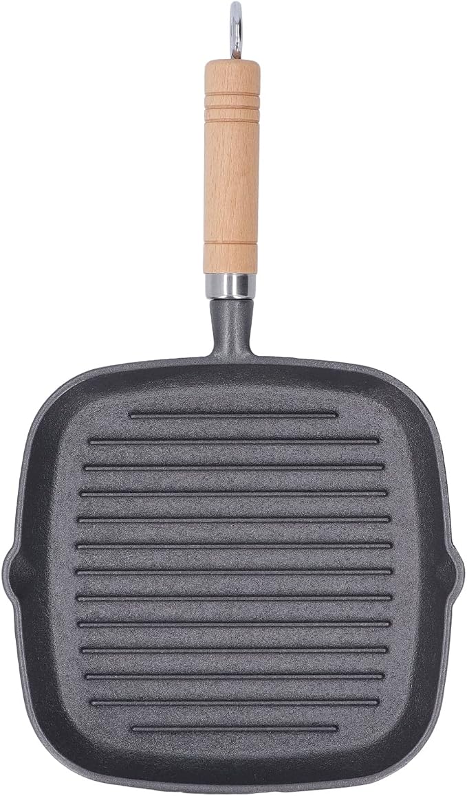 Cast Iron Square Grill Pan,Nonstick Grill Pan,Multipurpose Prevents Stick Quadrate Cast Iron Steak Pan with Detachable Wooden Handle for Bacon Steak Onion