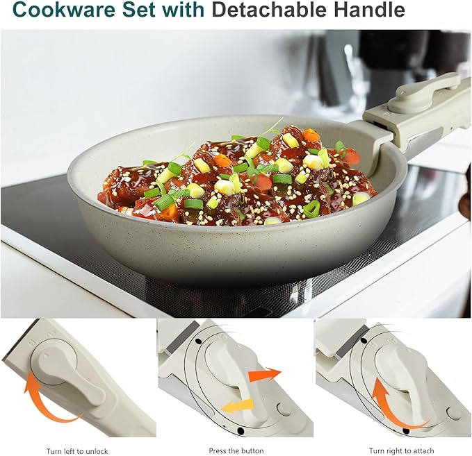 NEWBULIG 12-Piece Nonstick Cookware Set, Detachable Handle Pots and Pans, Induction Compatible Cookware, Dishwasher & Oven Safe, Space-Saving Kitchen Set, Cream White