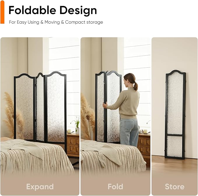 JOSTYLE Acrylic Room Divider, Folding Privacy Screen for Office & Loft, 3-Panel Modern Room Partition, Frosted Glass Like, Black Wood Frame, 67" H x 47.2" W