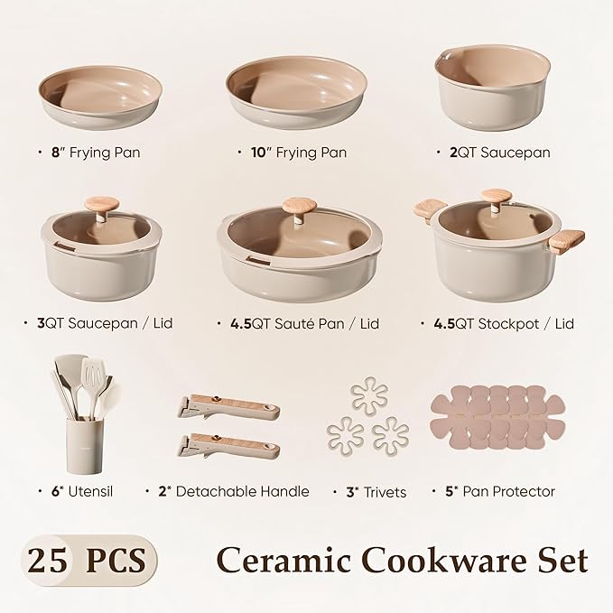 CAROTE 25 Pcs Ceramic Cookware Sets, Pots and Pans Set Non Stick, Detachable Handle, Induction & Oven Safe, Stackable Space - 70% Saving, Cookware Non Stick Cooking Set, Taupe (PFOS, PFOA Free)